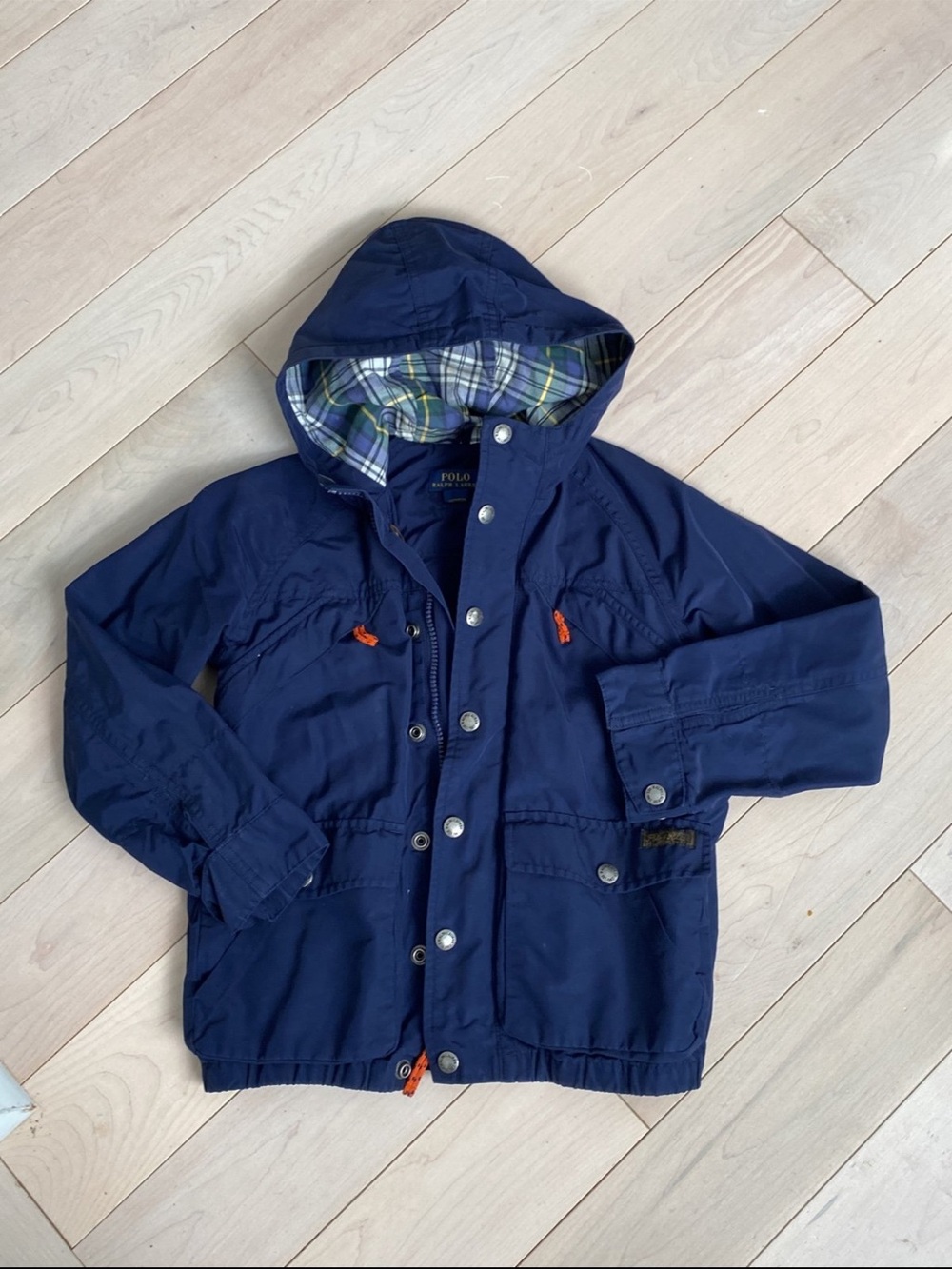 Polo by Ralph Lauren Navy Hooded Kids Rain Jacket with Plaid Lining
